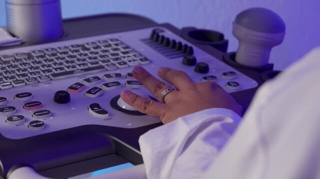 A close-up shot captures a gynecologist's hand skillfully adjusting the dials and buttons on a professional ultrasound machine's control panel in a clinic in Mexico City.