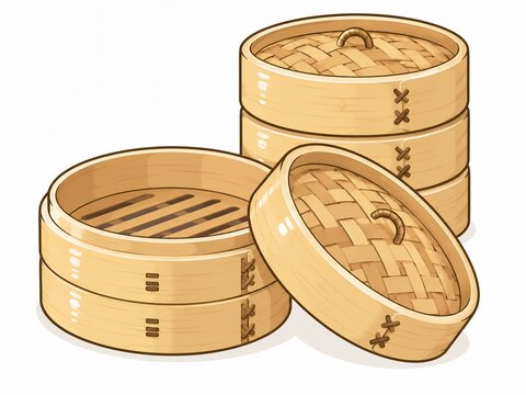 重ねられた空の竹せいろと開かれた蓋のイラスト素材