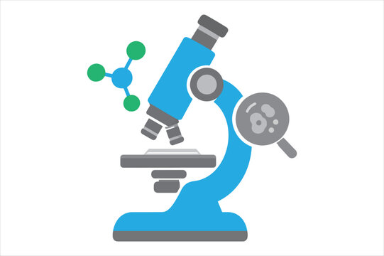 Scientific microscope icon with molecular structure and magnifying glass