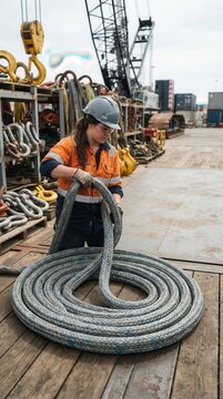 Female Rigger Coiling Heavy Synthetic Lifting Sling at Port