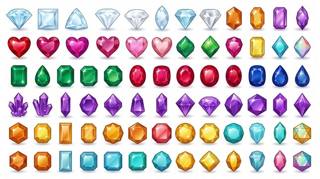 Collection of faceted gemstone and crystal icons featuring diamonds, hearts, emeralds, rubies, sapphires, amethyst crystals, geometric cuts, and colorful jewel designs arranged in rows.