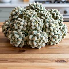 Fototapeta premium Biophilic design and home decor, fuzzy succulent plant on a wooden kitchen table for interior styling and natural wellness in a modern living space