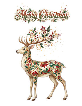 Merry Christmas Reindeer Illustration with Floral Ornaments and Calligraphy Isolated on White Background