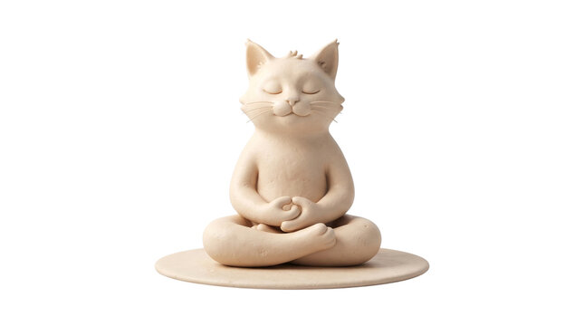 Meditating cat figurine in lotus pose, ceramic zen kitten statuette, clay feline mindfulness art for wellness concepts isolated PNG with Transparent Background