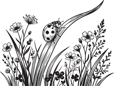 Vintage woodcut ladybug illustration, black and white botanical meadow scene with wildflowers, rustic hand-drawn insect vector for nature branding