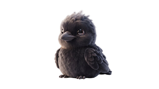Cute fluffy baby crow character, adorable black bird chick sitting, sweet small raven fledgling illustration for children designs isolated PNG with Transparent Background