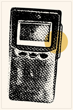 Distressed Grunge Beeper Pager Artwork Showcasing Bold Mustard Dot Behind Vintage Device