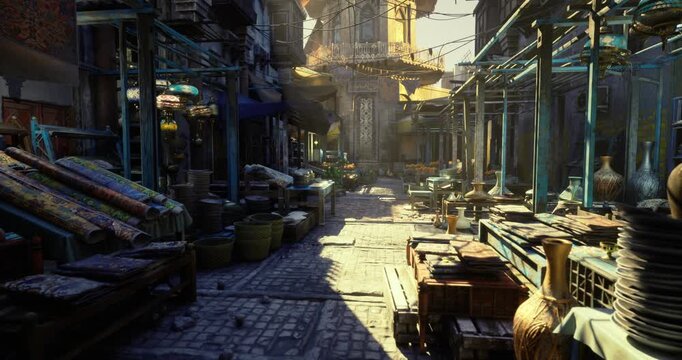empty morning stall row with stacked bowls and crates, courier imagined loading boxes for market deliveries, quiet sunlit alley with textured pavement, rustic