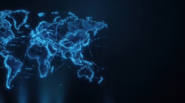 Digital glowing world map with network connections on dark background