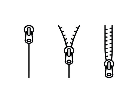 Zipper line art icons set showing open and closed zip fasteners