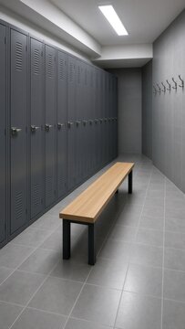 Empty modern gym locker room with wooden bench and copy space