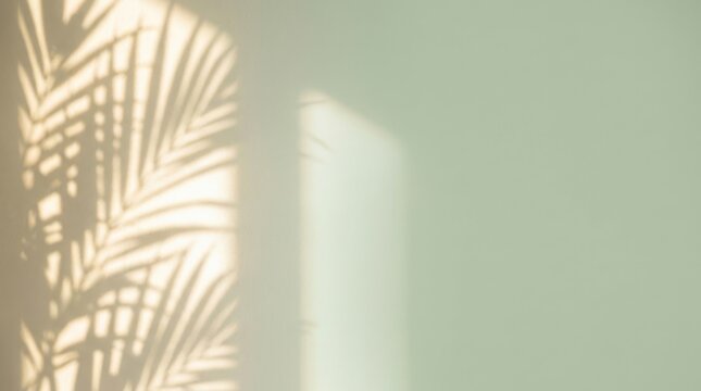 Palm leaf shadow cast on a pale green wall with natural sunlight