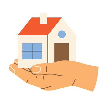 hand holding house, home ownership, property protection, real estate, housing, security and responsibility concept - vector illustration