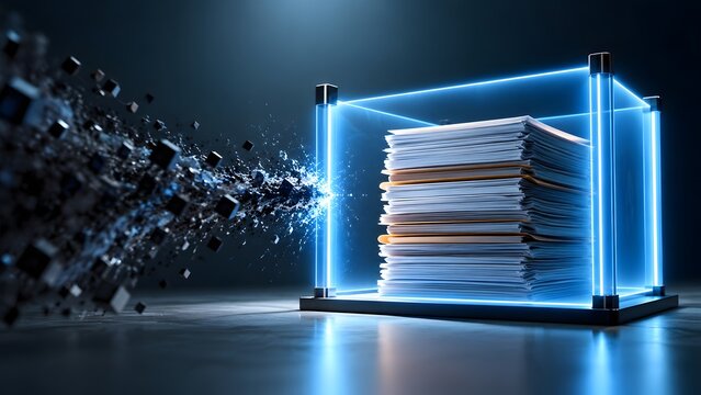 Concept of data breach and information loss showing a stack of documents inside a glowing blue digital cube disintegrating into dark pixels