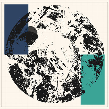 Abstract Distressed Grunge Lunar Disc Featuring Bold Navy Teal Geometric Overlay Blocks