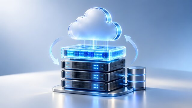 Cloud computing technology concept with glowing transparent cloud icon over stacked server racks and database, illustrating data storage and network synchronization
