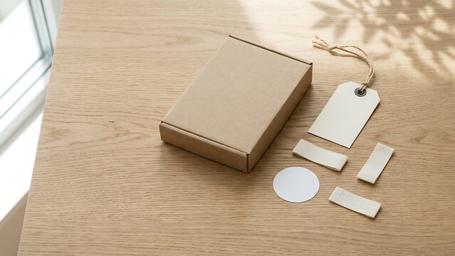 Minimalist brand identity mockup featuring a brown cardboard box, blank white hang tag with twine, round sticker, and woven clothing labels arranged on a light wood surface with soft shadows