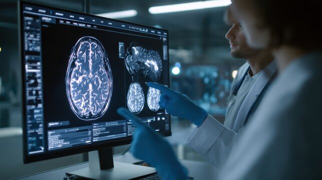 Medical team of doctors analyzing brain MRI scans and neurological data on a computer monitor in a modern hospital laboratory   