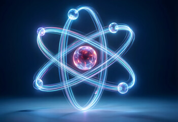 Fototapeta premium Quantum physics and atomic energy, glowing atom model with orbiting electrons and nucleus for scientific research and advanced technology innovation