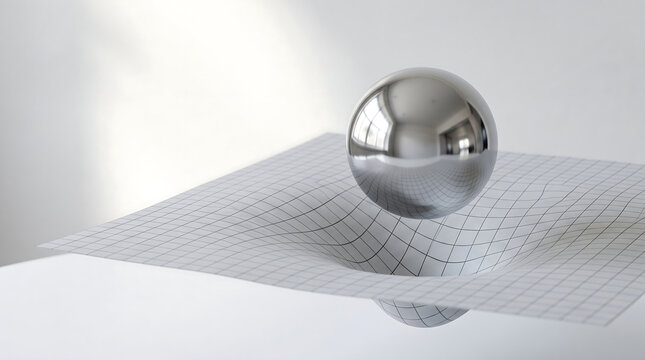 Sophisticated photorealistic scientific visualization of one perfectly polished metallic sphere suspended above curved spacetime surface bending beneath sphere illustrating gravity concept