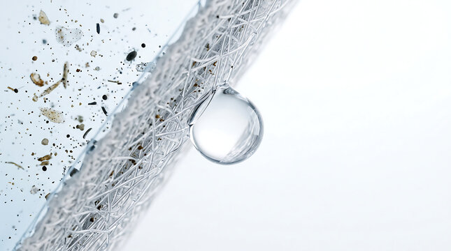 Water filter membrane purifying dirty water close up of filtration process with clean water droplet
