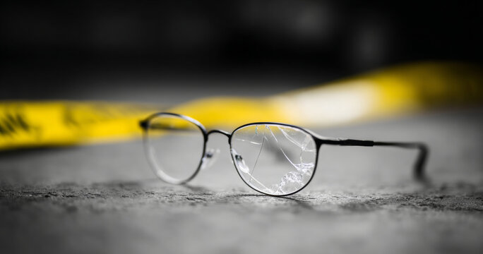 Broken eyeglasses near crime scene tape