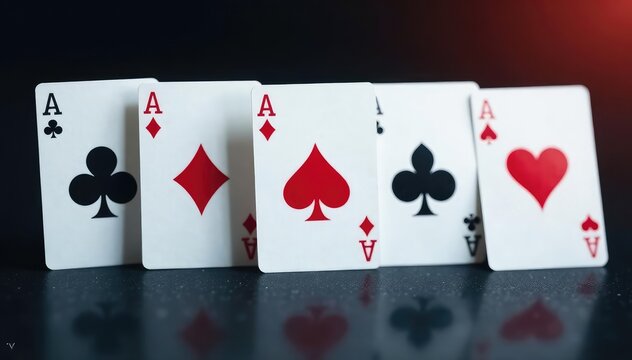 Playing cards arranged in a row, showing ace of each suit , diamonds, hearts