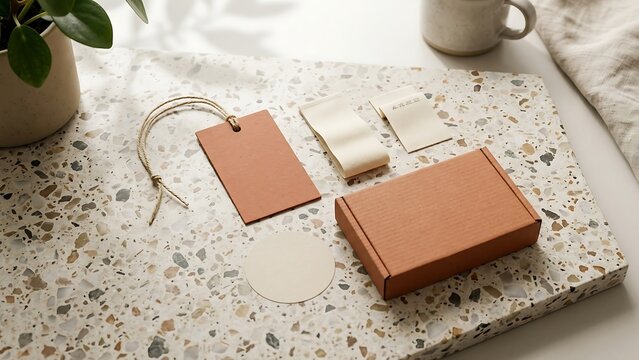 Minimalist eco-friendly packaging branding mockup set featuring a brown cardboard box, hanging tag with string, textile clothing labels, and a round sticker on a stylish terrazzo stone surface.