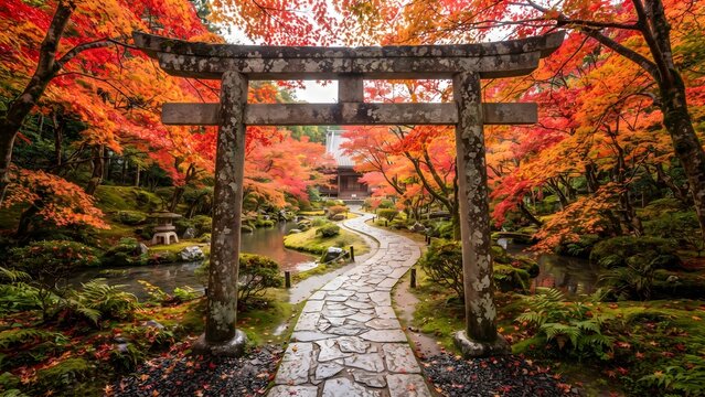 Stone Torii Gate Framing a Garden Path Through Vivid Autumn Foliage
