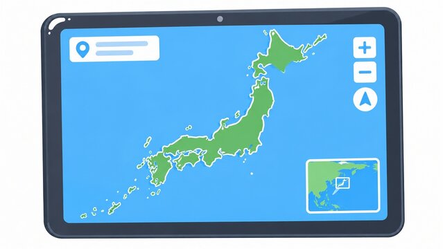 地図アプリが表示されたタブレット端末に緑色の日本地図が映し出されたイラスト