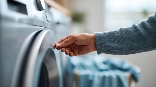 Person adjusting washing machine dial