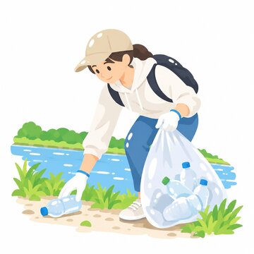 川辺でペットボトルを拾いゴミ袋に入れる環境美化活動をする女性のイラスト