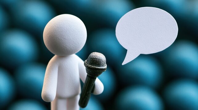 A white stick figure with a microphone and dialogue symbol highlights public speaking abilities, professional communication, persuasive messaging, and social interaction.
