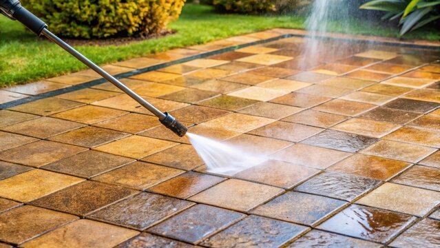 Deep cleaning of patio tiles with pressure washer, grout cleaning