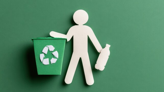 A white stick figure holding a recycling bin and used bottle symbolizes circular resource management, environmental responsibility, material reuse, and sustainability.
