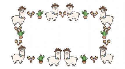 Fototapeta premium Cute Alpaca Fiesta Frame Border Template with Cacti and Maracas