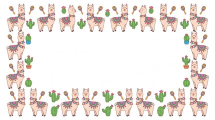 Fototapeta premium Cute Cartoon Alpaca Mexican Fiesta Frame Template with Copy Space