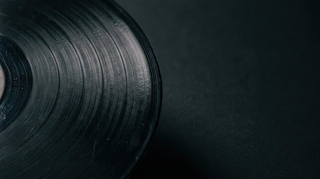 Closeup of a vintage black vinyl record showing grooves and texture