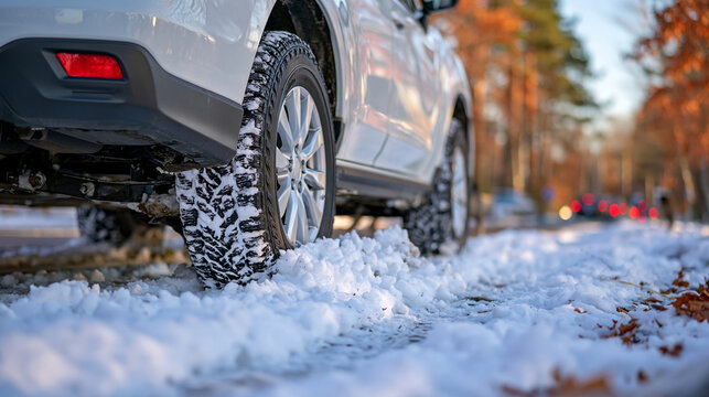 Low-angle close-up of car tires navigating a snow-covered road during winter, deep winter tread patterns clearly visible as the wheels compress fresh snow, subtle tire tracks behind the vehicle, col
