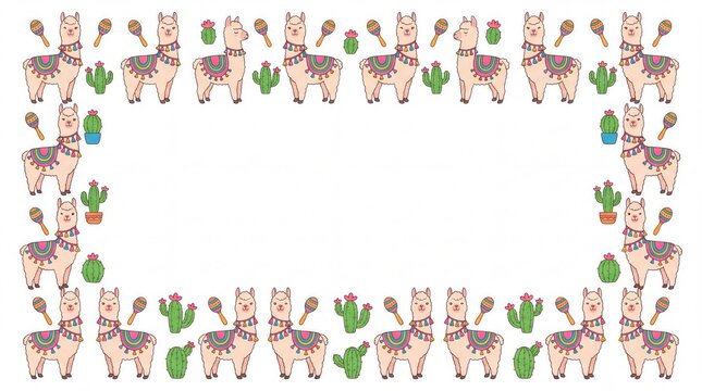 Cute Cartoon Alpaca Mexican Fiesta Frame Template with Copy Space