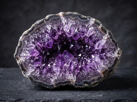 Amethyst geode crystal specimen with deep purple quartz points on a dark slate background