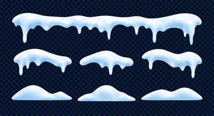 Naklejka premium Winter snow cap collection with frozen ice, hanging icicles and snowy borders for festive Christmas decoration