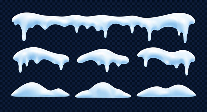Winter snow cap collection with frozen ice, hanging icicles and snowy borders for festive Christmas decoration
