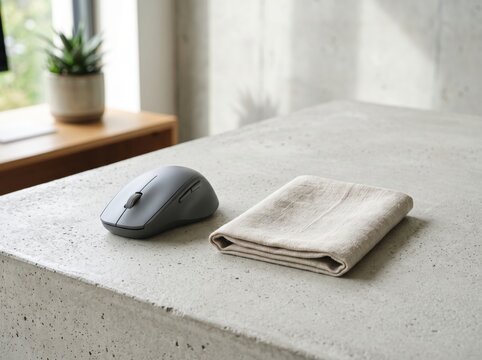 Minimalist workspace setup with a gray wireless computer mouse and folded beige cloth on a concrete surface