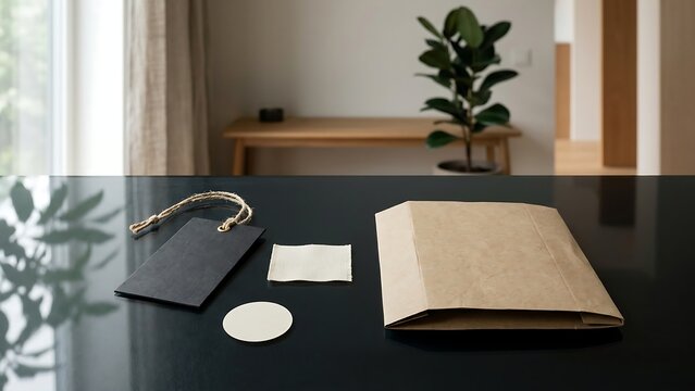 Minimalist retail branding mockup featuring a kraft paper envelope, black hanging tag with jute string, fabric swatch, and round card on a glossy black table in a modern, bright interior.