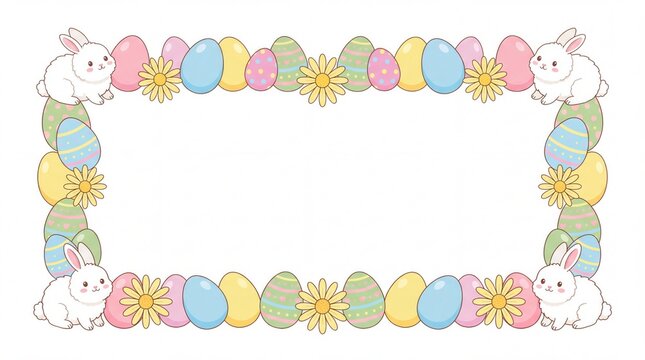 Cute easter bunny and pastel egg vector border frame template