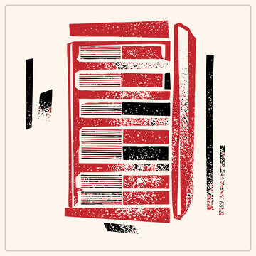 Distressed Red Server Tower with Grunge Speckled Texture in Retro Block Print Artwork