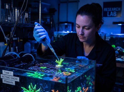 Female marine biologist using pipette to dose fluorescent coral fragment in research lab aquarium