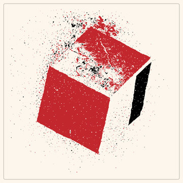 Disintegrating Red Isometric Cube Bursting Into Grunge Spray Speckles and Bold Edges