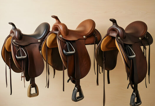Equestrian sports and horse riding equipment, three leather western saddles hanging on a wooden wall for ranch lifestyle and professional horse training
